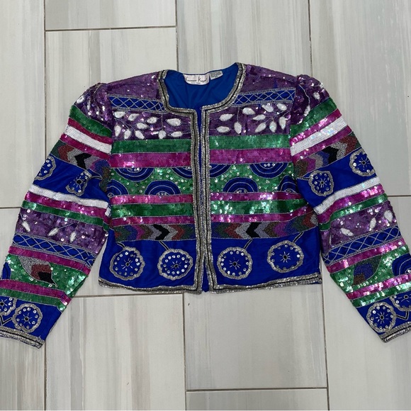 Vtg Jacket Lawrence Kazar Silk Sequin Beaded Long Sleeve Size XL - Picture 1 of 9